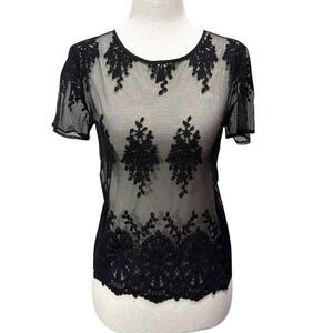 F21 Black Mesh Floral Embroidered Sheer Lace Top Short Sleeve Keyhole Back